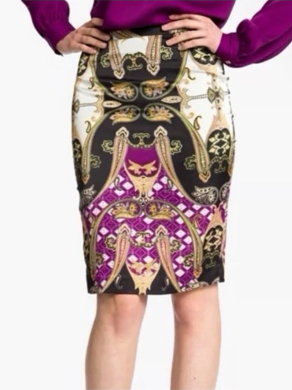 Quiet Luxury Y2K Feminine Vince Camuto Baroque Print Midi Skirt Size 14